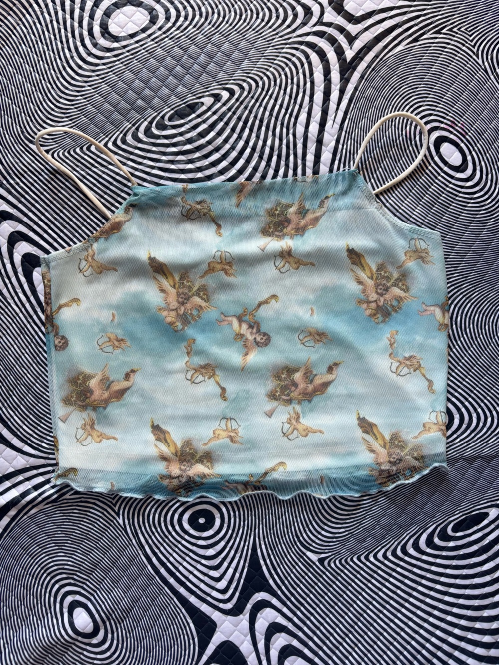 Light Blue Cherub Print Satin cropped Cami Top